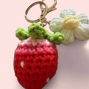 Crochet Strawberry and Flower Keychain